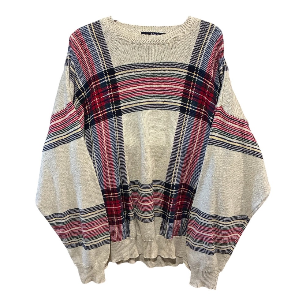 Nautica Vintage Mens XL Plaid Stripe Crewneck Sweater Cotton Linen Cream Red
